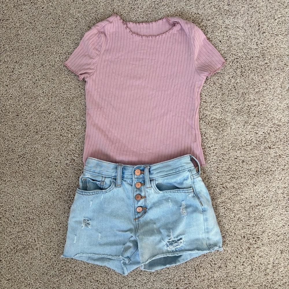 Old Navy Jean Shorts size 10 with Shein Girls Blush Ribbed Knit Top Size 9